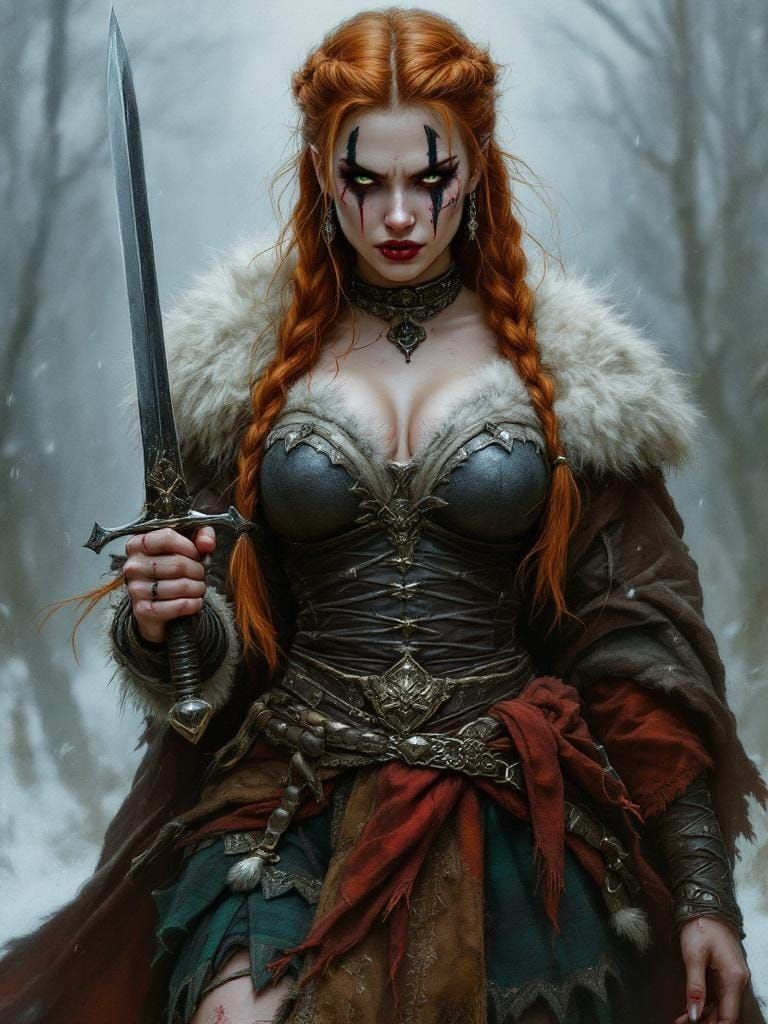 Highland Woman with Dagger: Hyperrealistic Gothic Portrait