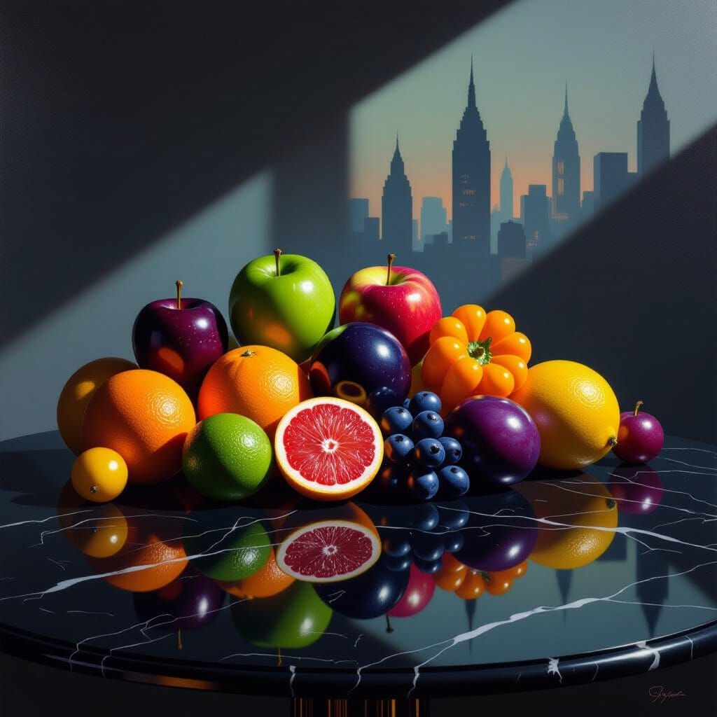 Jewel-Toned Fruits on Obsidian Table: Hyperrealistic Oil Pai...