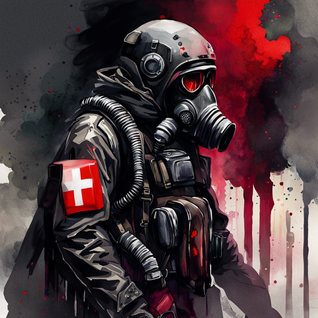 Futuristic Soldier in Distress: Watercolor Illustration