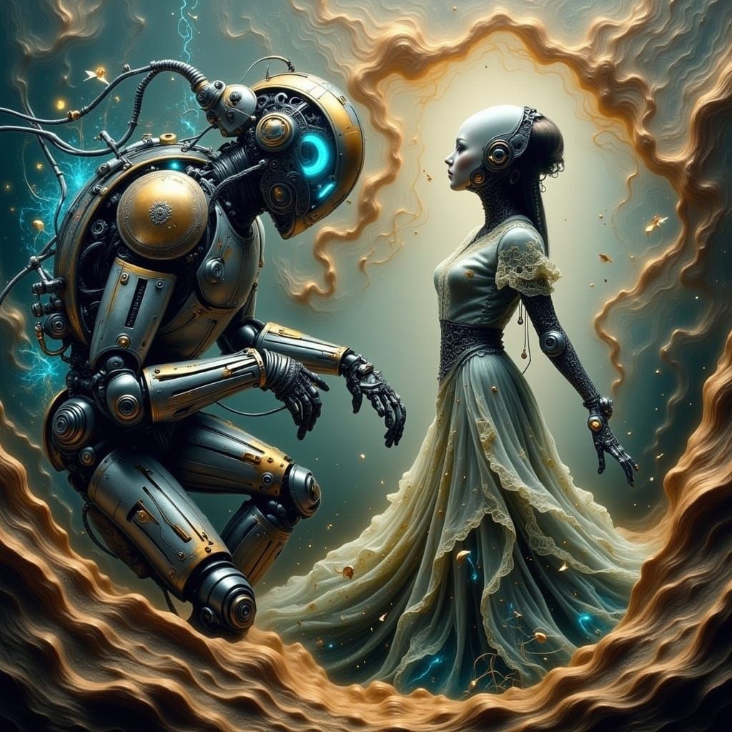 Cybernetic Clash in a Dreamlike Landscape