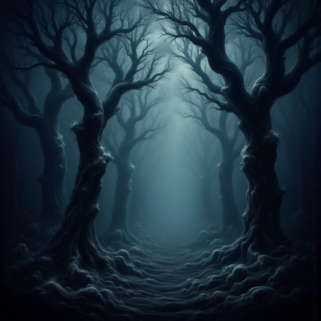 Eerie Foggy Forest Night with Glowing Eyes in Dark Fantasy S...
