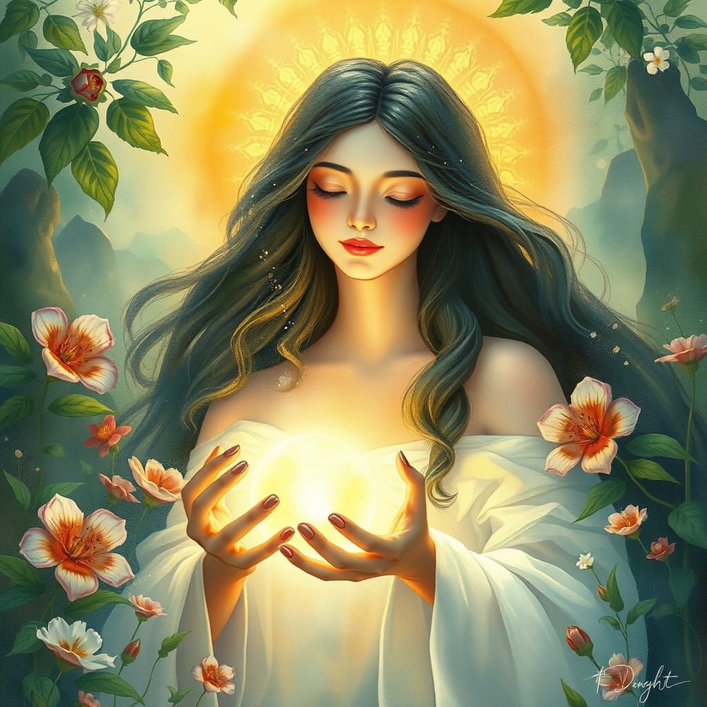 Surreal Goddess Radiates Warmth and Light in Whimsical Water...