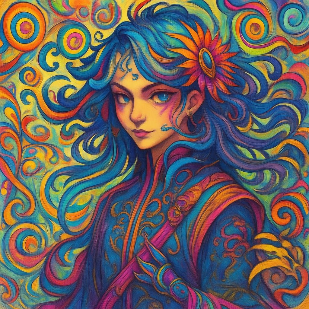 Psychedelic Watercolor Portrait with Swirls and Line Art