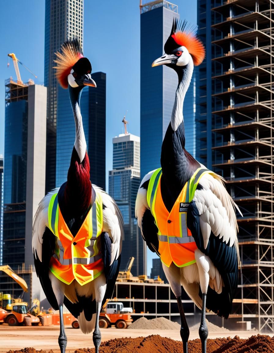Surreal Cranes in Hi-Vis Vests at Construction Site