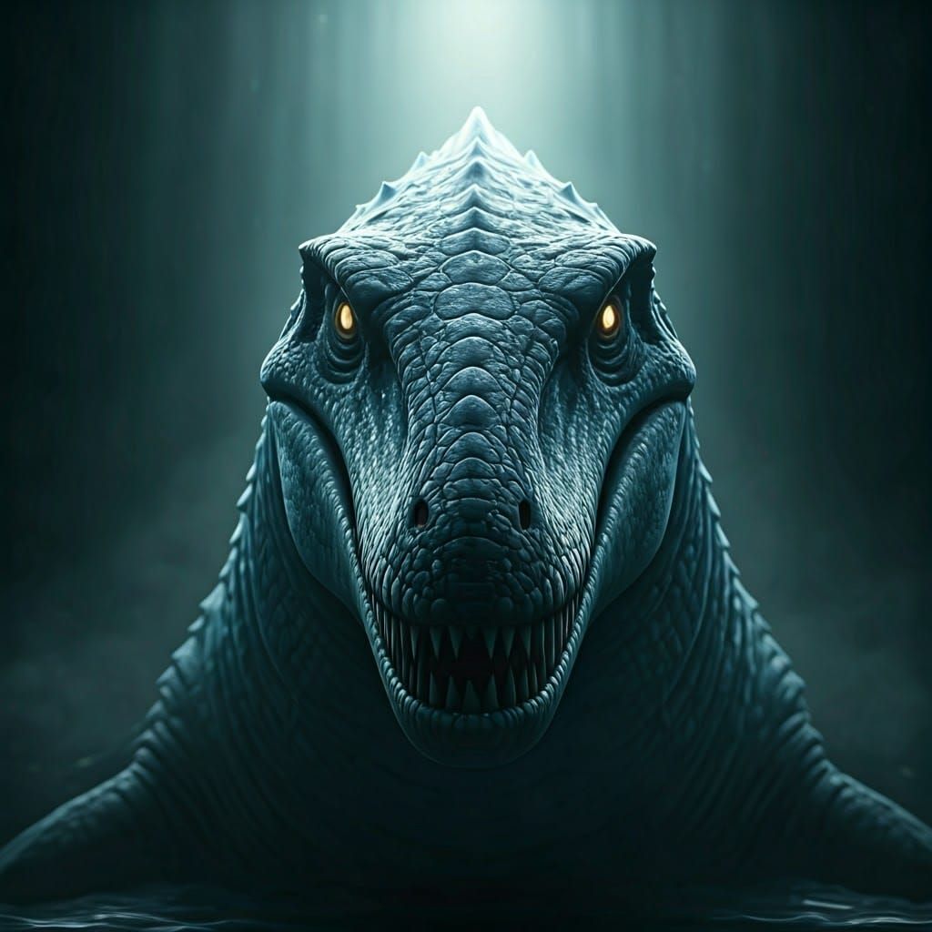 Ominous, Hyper-Realistic Ghostly Mosasaur Portrait in Dark,....