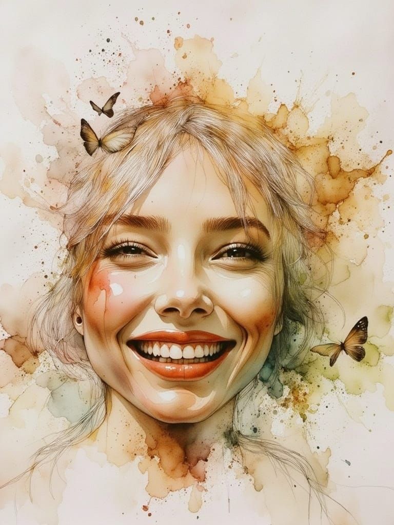 Whimsical Watercolor Portrait of a Woman in Soft Pastel Hues