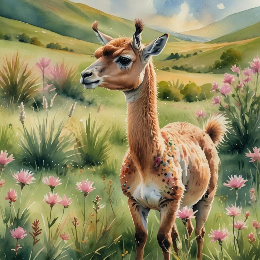 Vicuña in Christmas Sweater: Pastel Watercolor