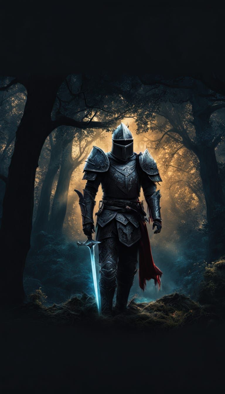 Fantastical Knight in Moonlit Forest Clearing