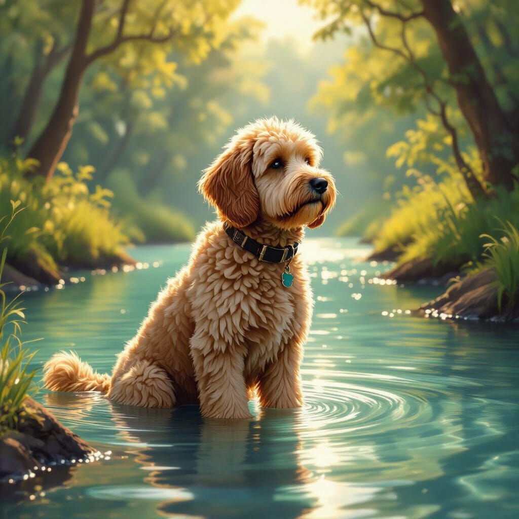 Golden Doodle at Crystal River in Painterly Realism