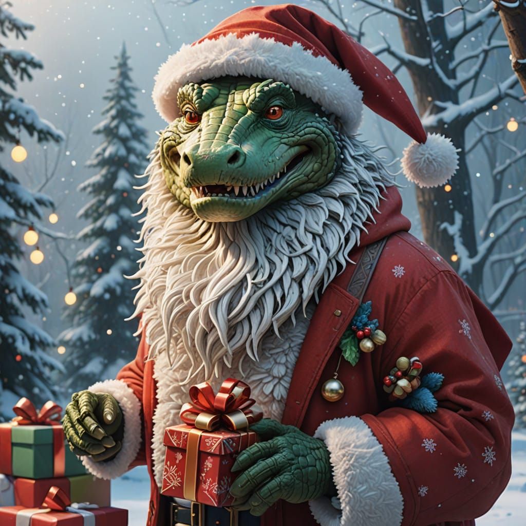 Jovial Crocodile Santa Stands Proud in Whimsical Winter Wond...