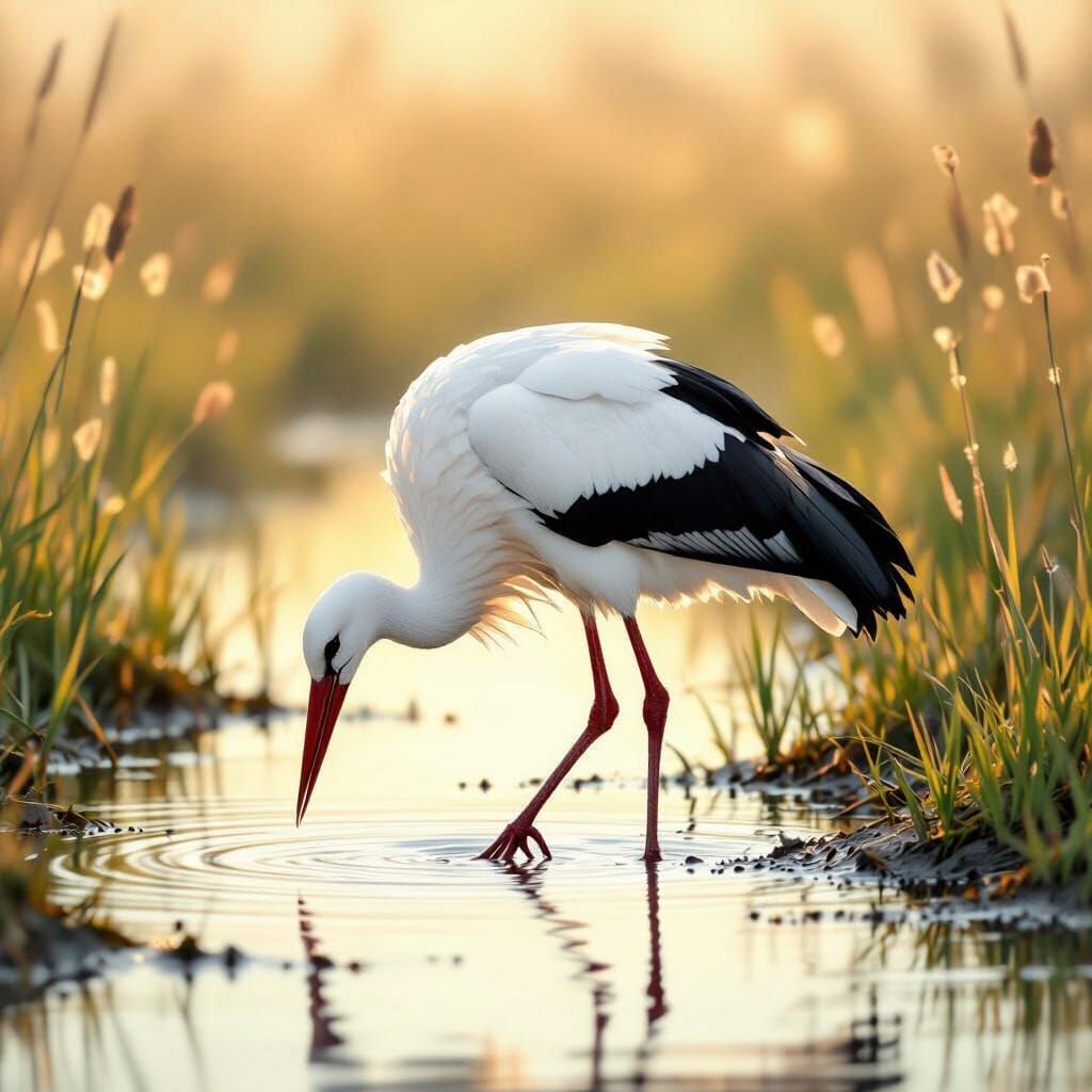 Elegant Stork in Sun-Dappled Marsh