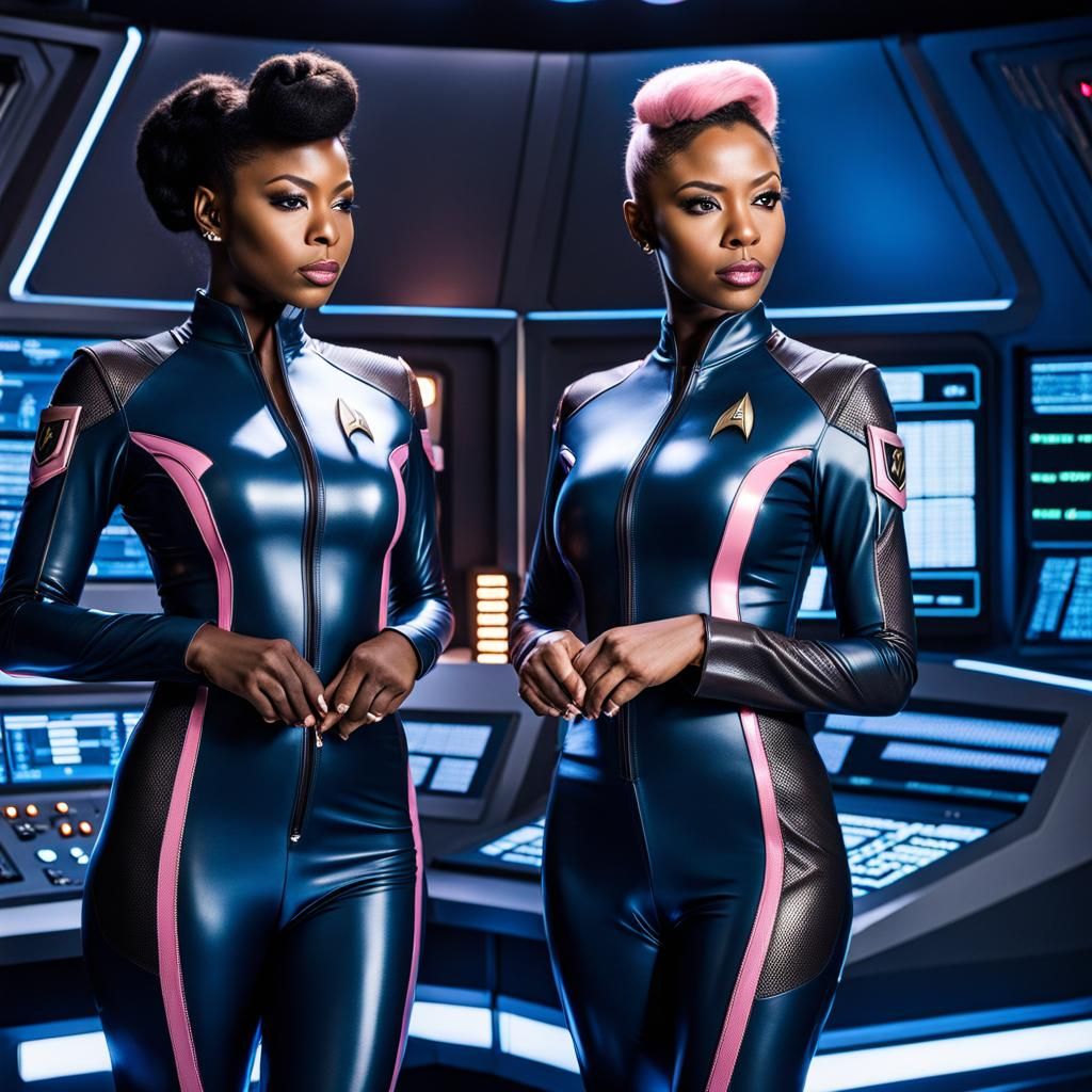 Two Women in Latex Catsuits in Sci-Fi Control Room