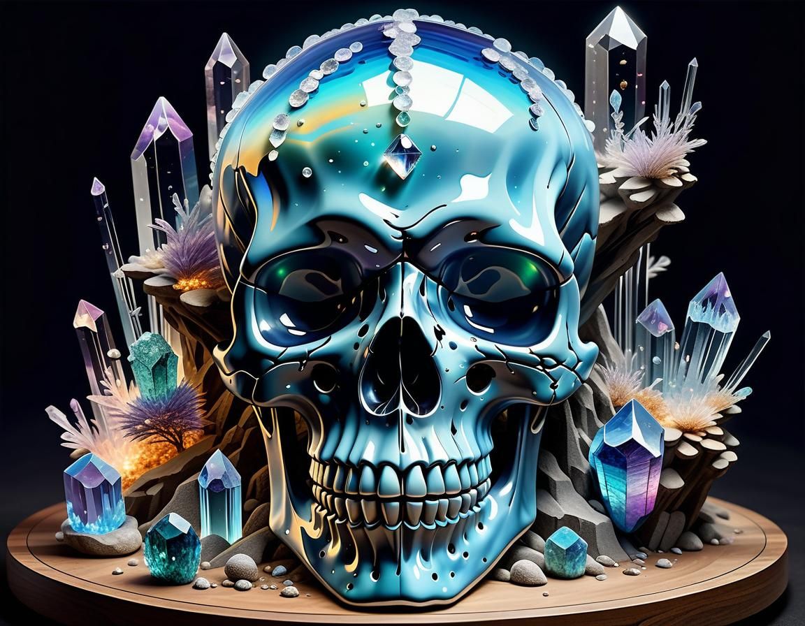 Opalescent Skull Surrounded by Crystals and Runes