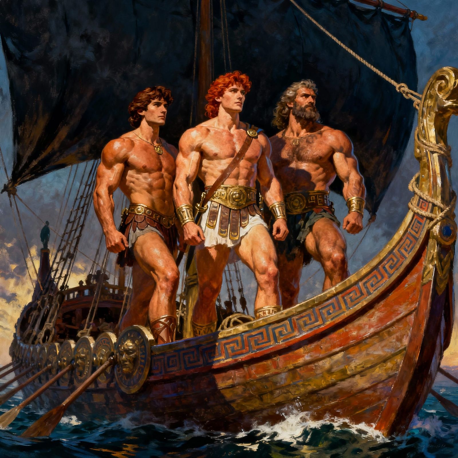 Greek Heroes Aboard Trireme in Dramatic Digital Painting