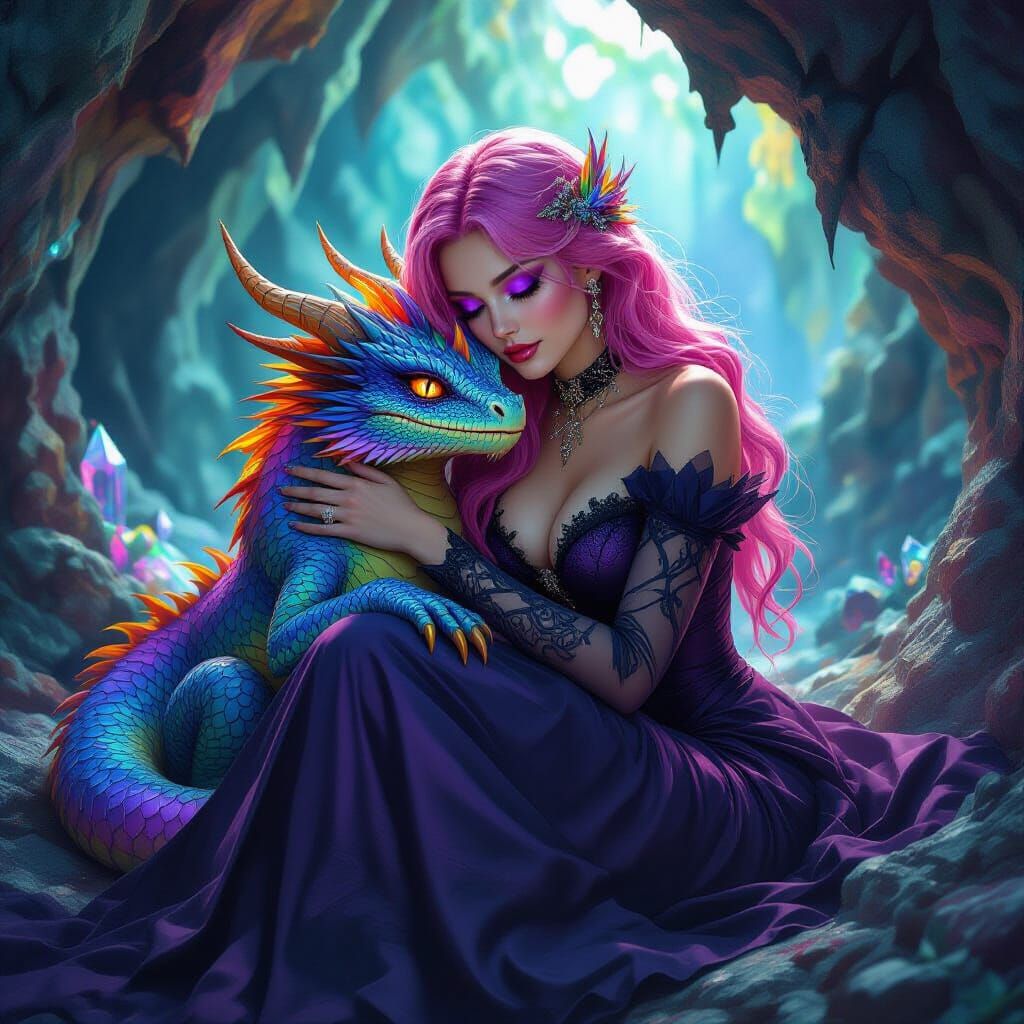 Gothic Beauty Cuddles Crystal Dragon in Rainbow Cave