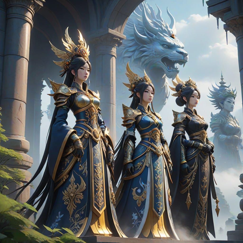 Three Women in Awe of an Ancient Statue in Mystical Fog