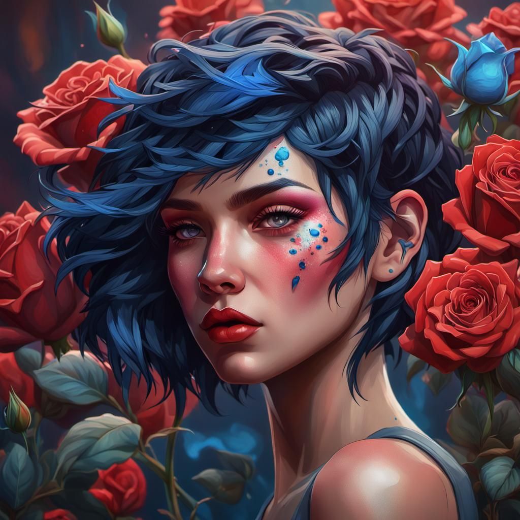 Woman with Black and Blue Hair Smelling Roses