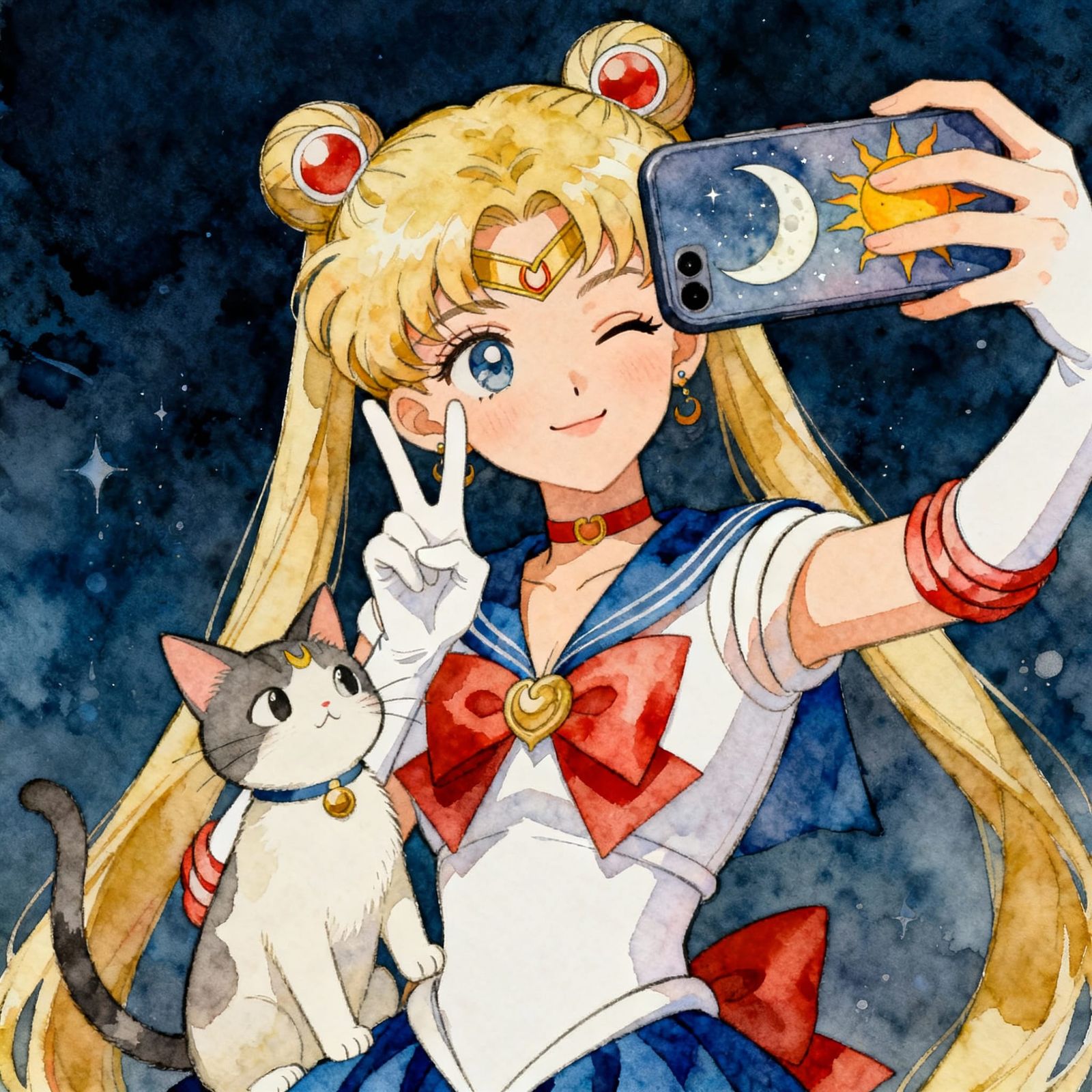 Sailor Moon and Cat Selfie in Vintage Watercolour Style