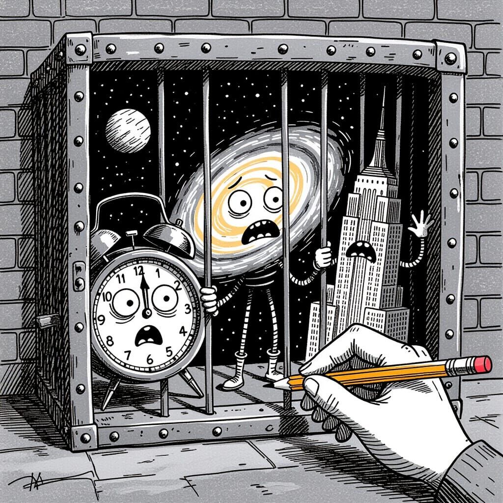 Monochrome Cartoon Cage Confines Worried Inmates
