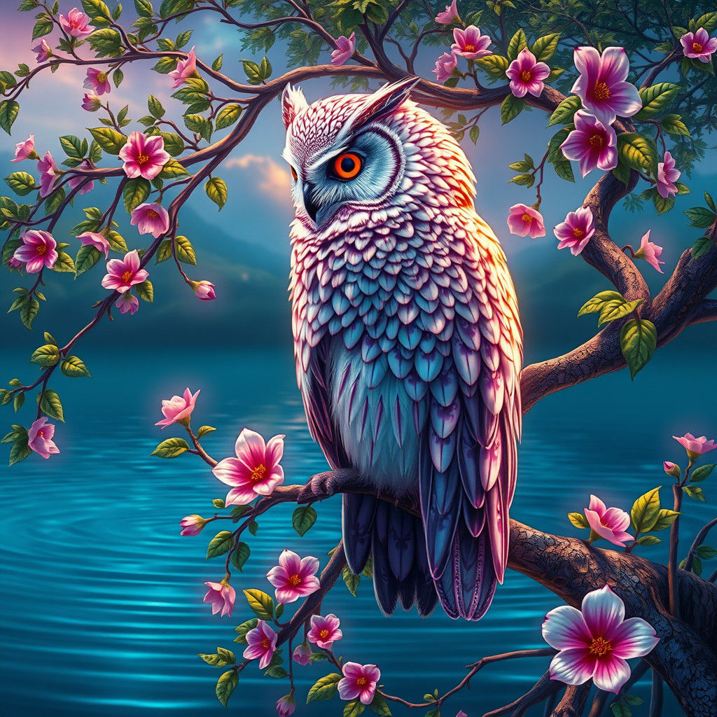 Majestic Owl with Iridescent Flowers in Matte Painting Style