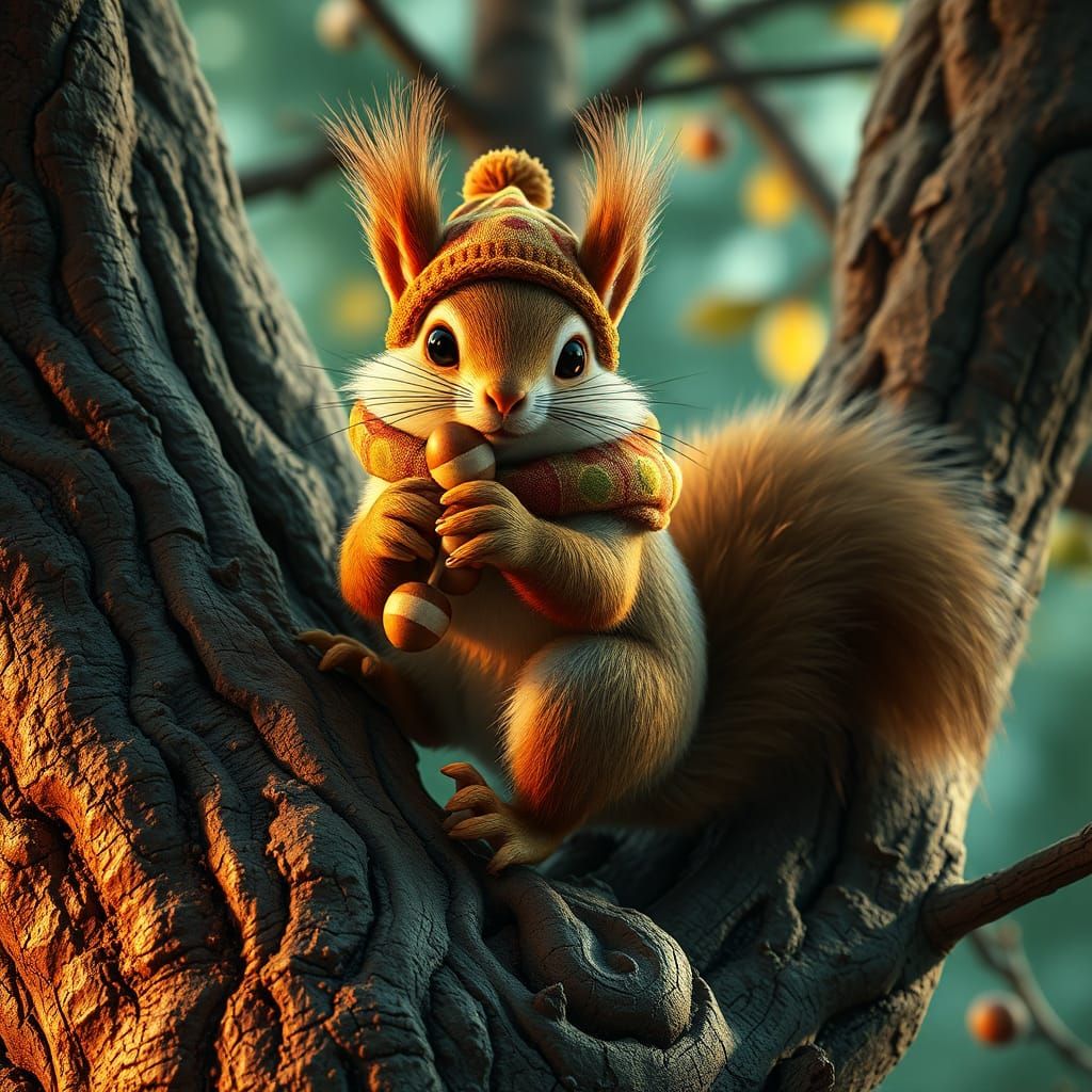 Squirrel Stealing Nuts in Art Nouveau Style