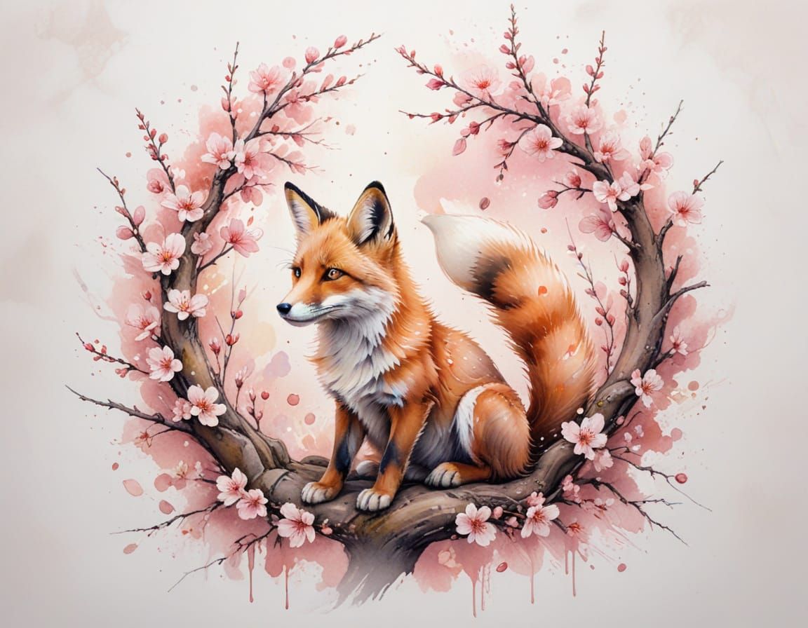 Curious Fox Under Cherry Blossoms in Pastel Chalk Style