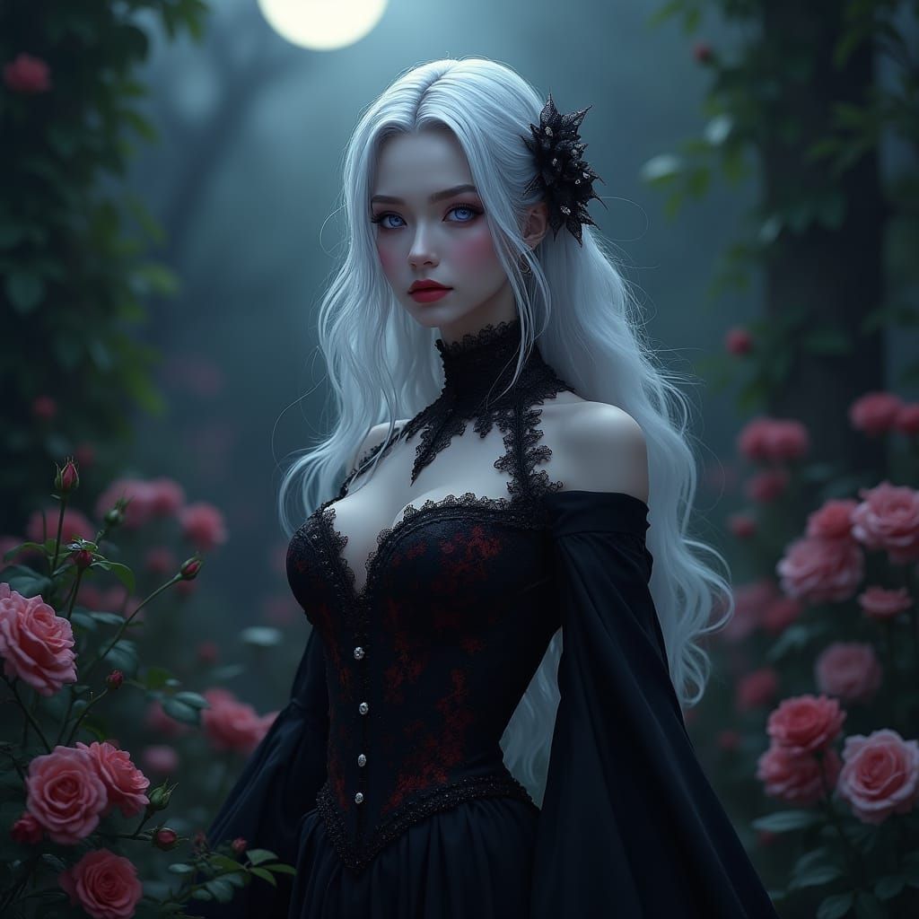 Noblewoman in Moonlit Garden: Art Nouveau Style