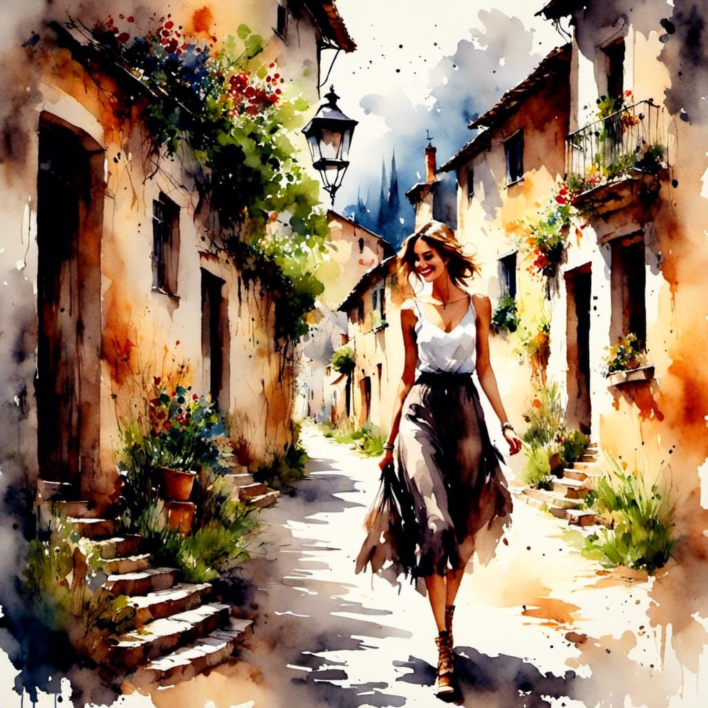 Smiling Woman in Italian Village: Antique Watercolor