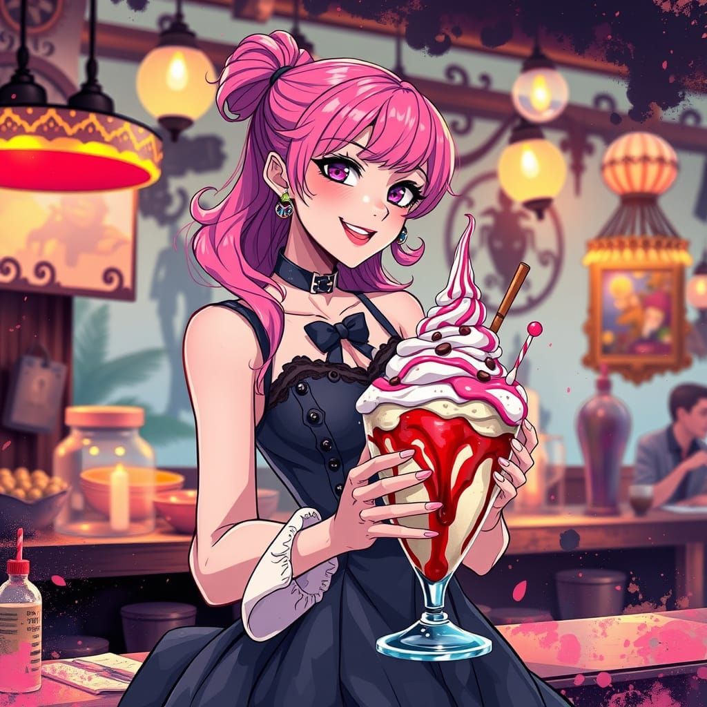 Anime Woman Creates Ice Cream Sundae in Alcohol Ink Style