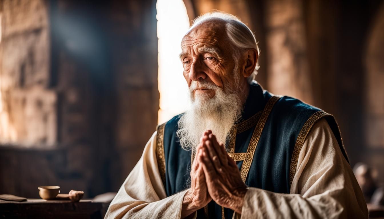 Elderly Man Praying in Medieval Office