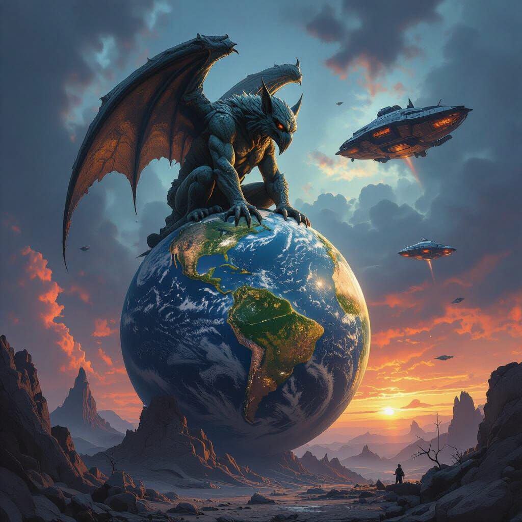 Colossal Gargoyle Defends Earth from Alien Invasion