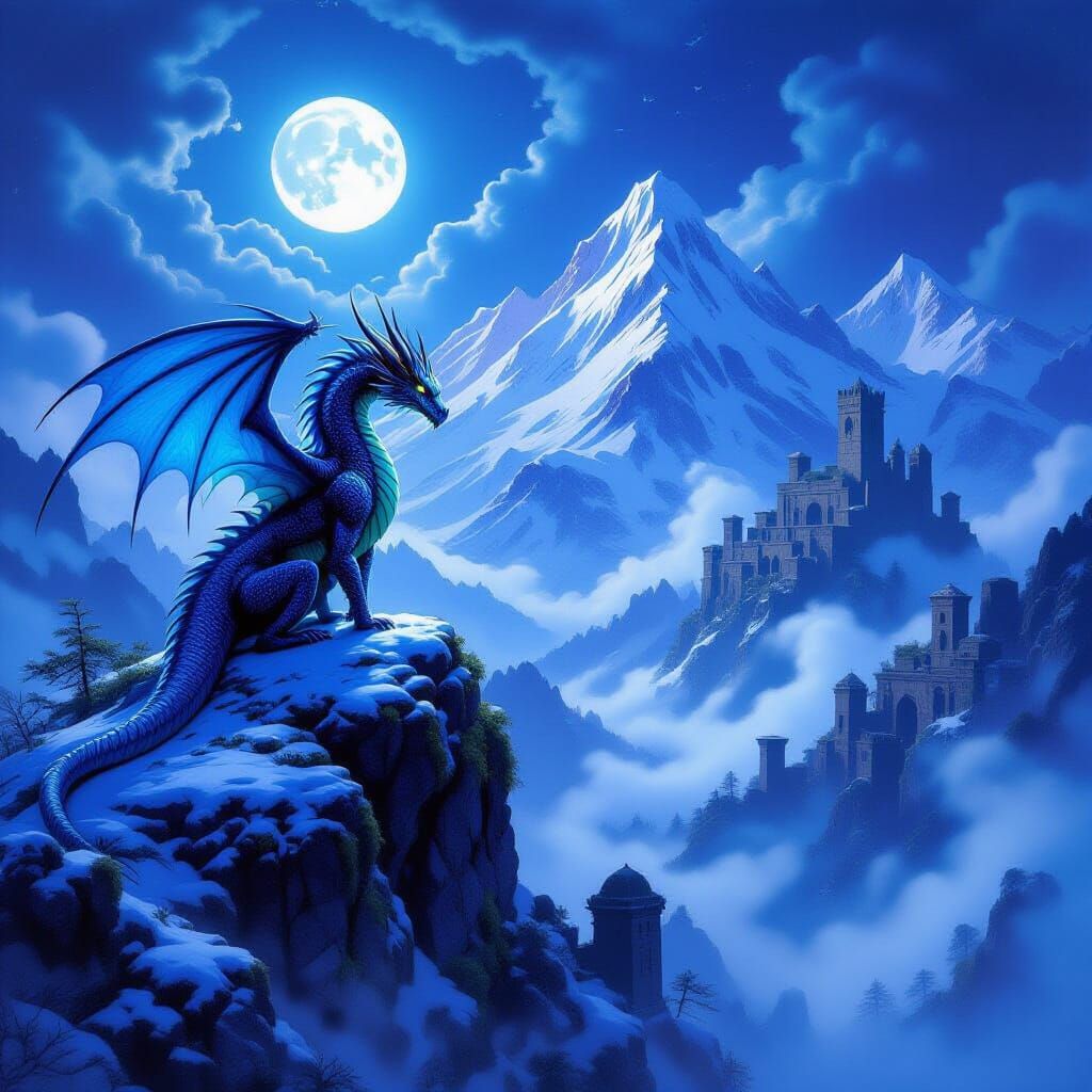 Bioluminescent Dragon on Snow-Capped Peak in Fantasy Style