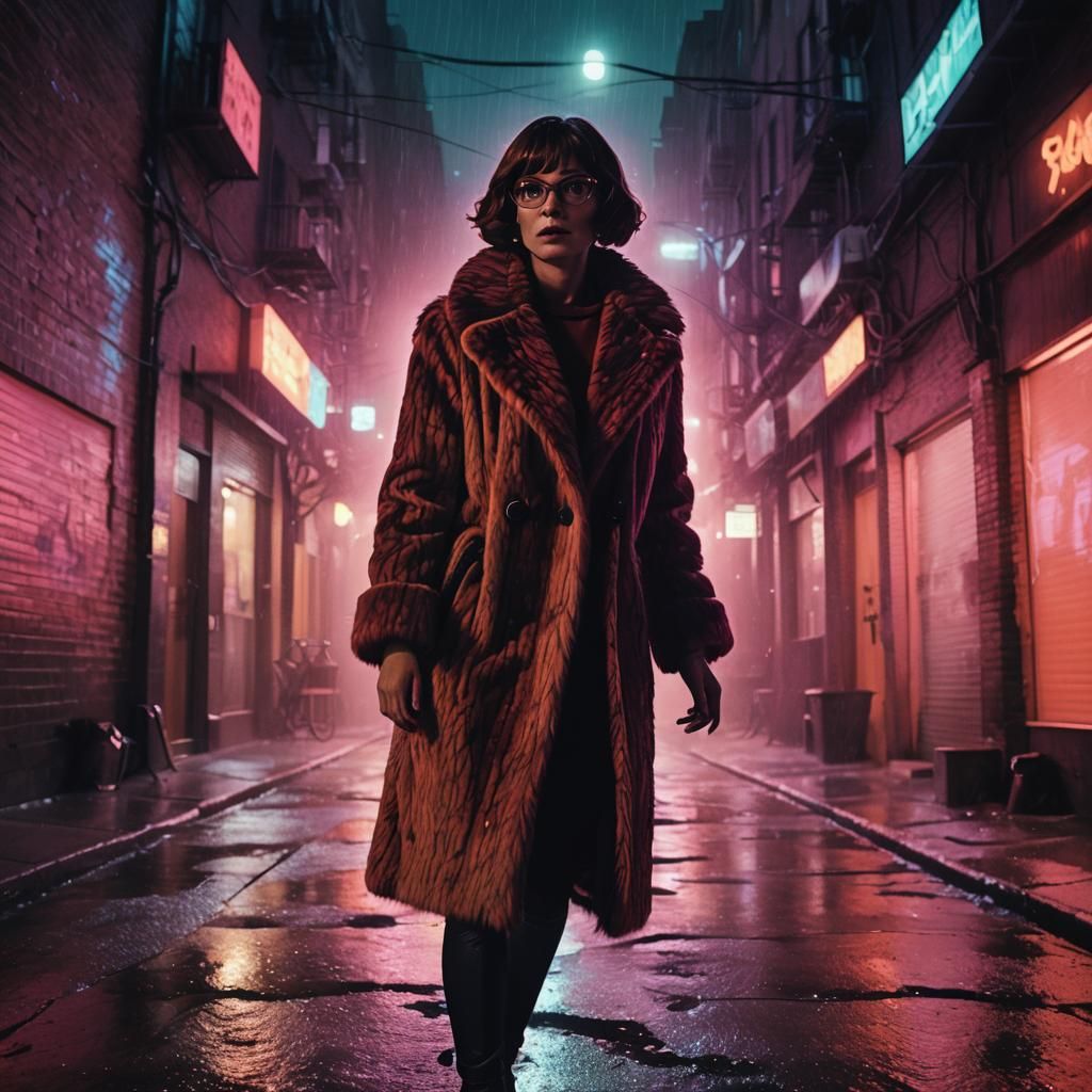 Velma Dinkley in a Darkened City Alleyway Under Neon Lights