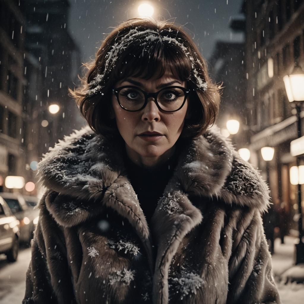 Velma Dinkley in Fur Coat: Cinematic Film Still