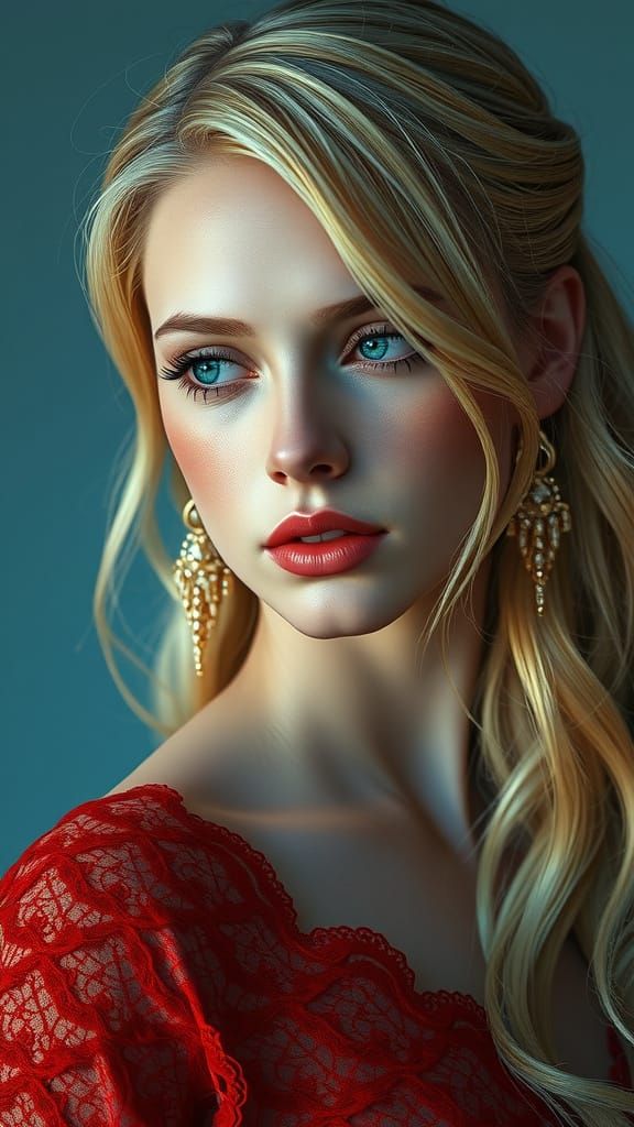 Blonde Woman in Red Lace Portrait