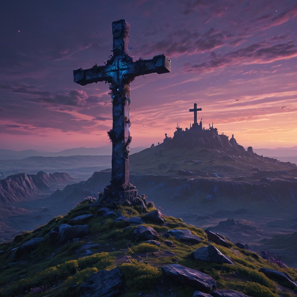 Medieval Cross on Alien Planet in Sci-Fi Art