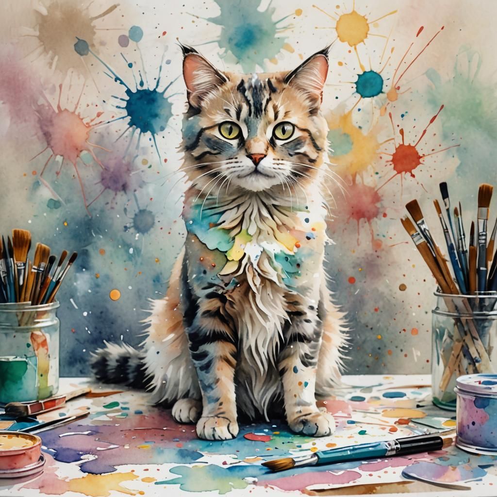 Pastel Cat in Watercolor with Paint Splatters