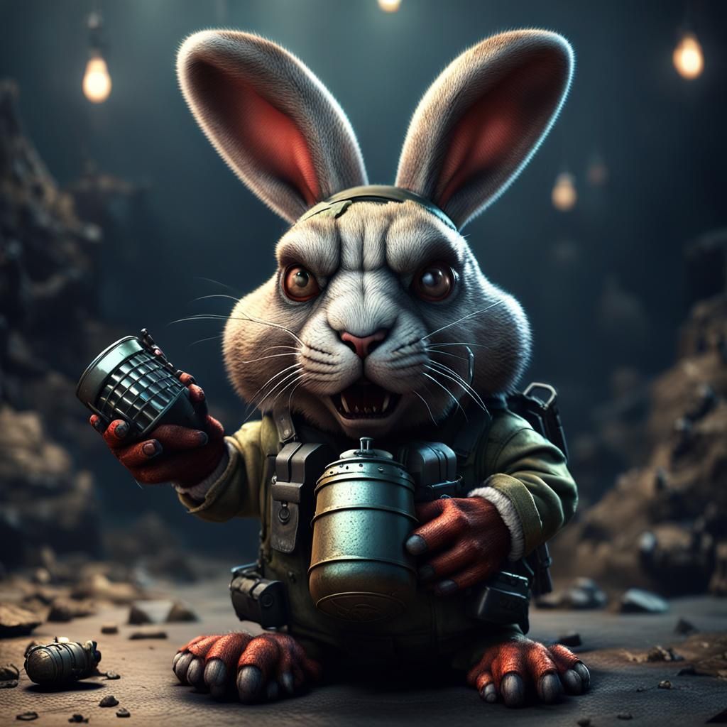 Creepy Easter Bunny with Grenade, 3D Render