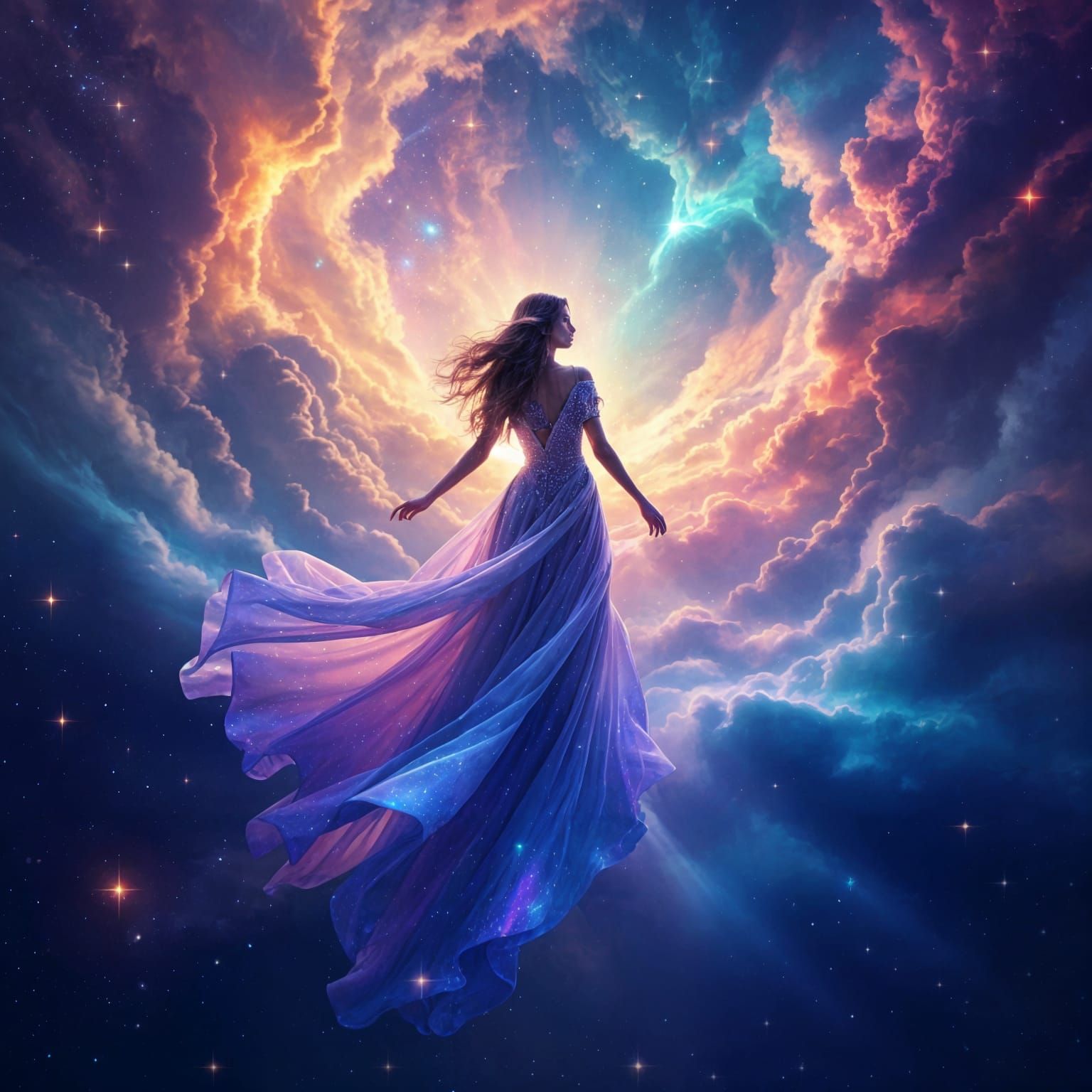 Starseed Woman in Heavenly Realms with Starry Skies