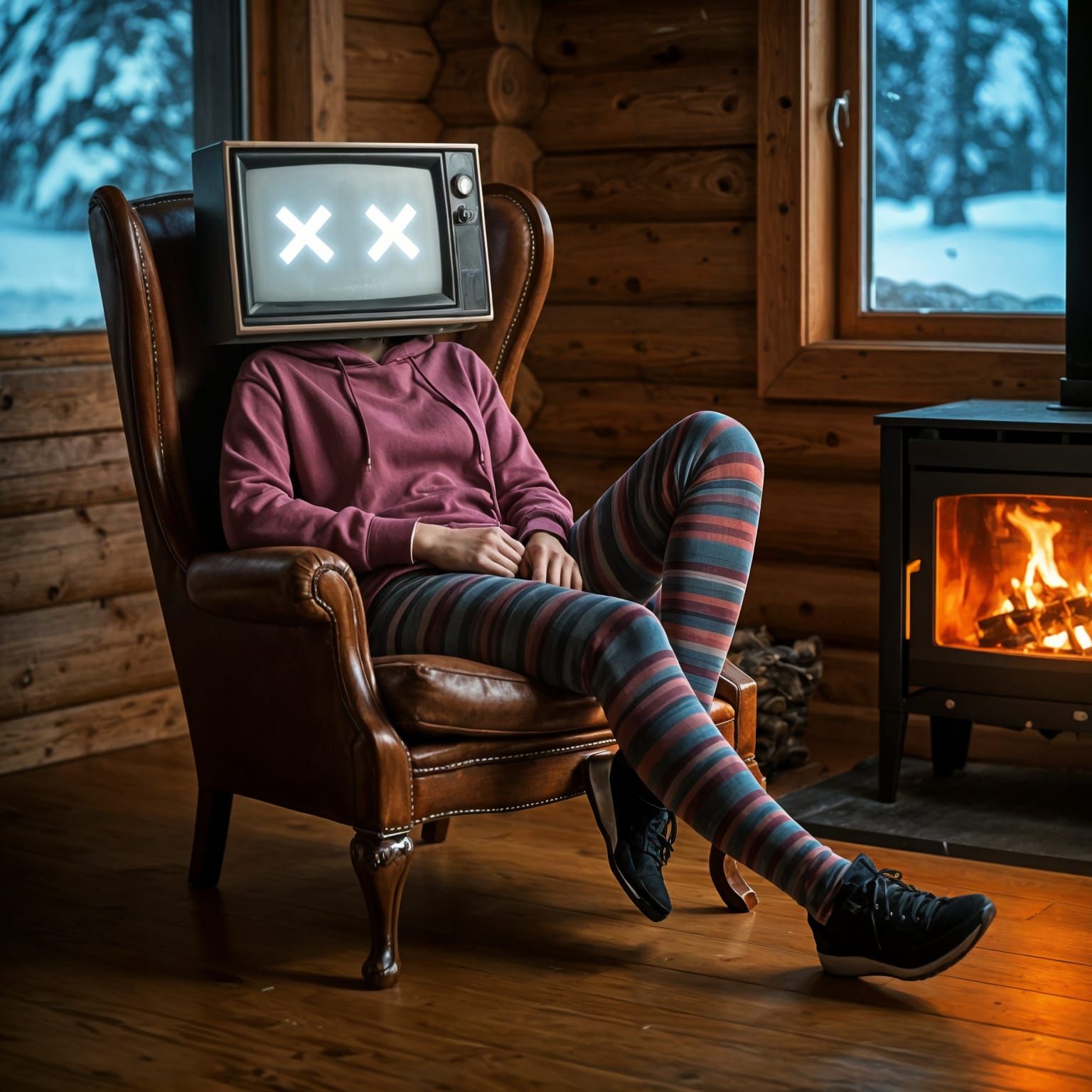 Woman with Television Head Sleeping in Cabin
