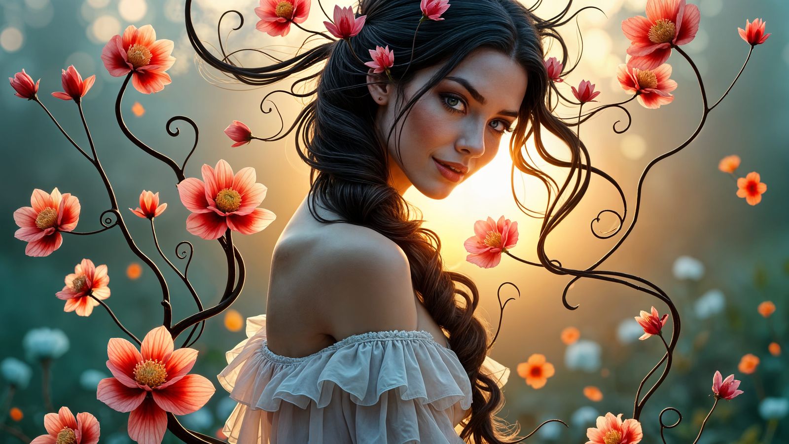 Hyperrealistic Portrait with Flowers, Golden Hour Lighting