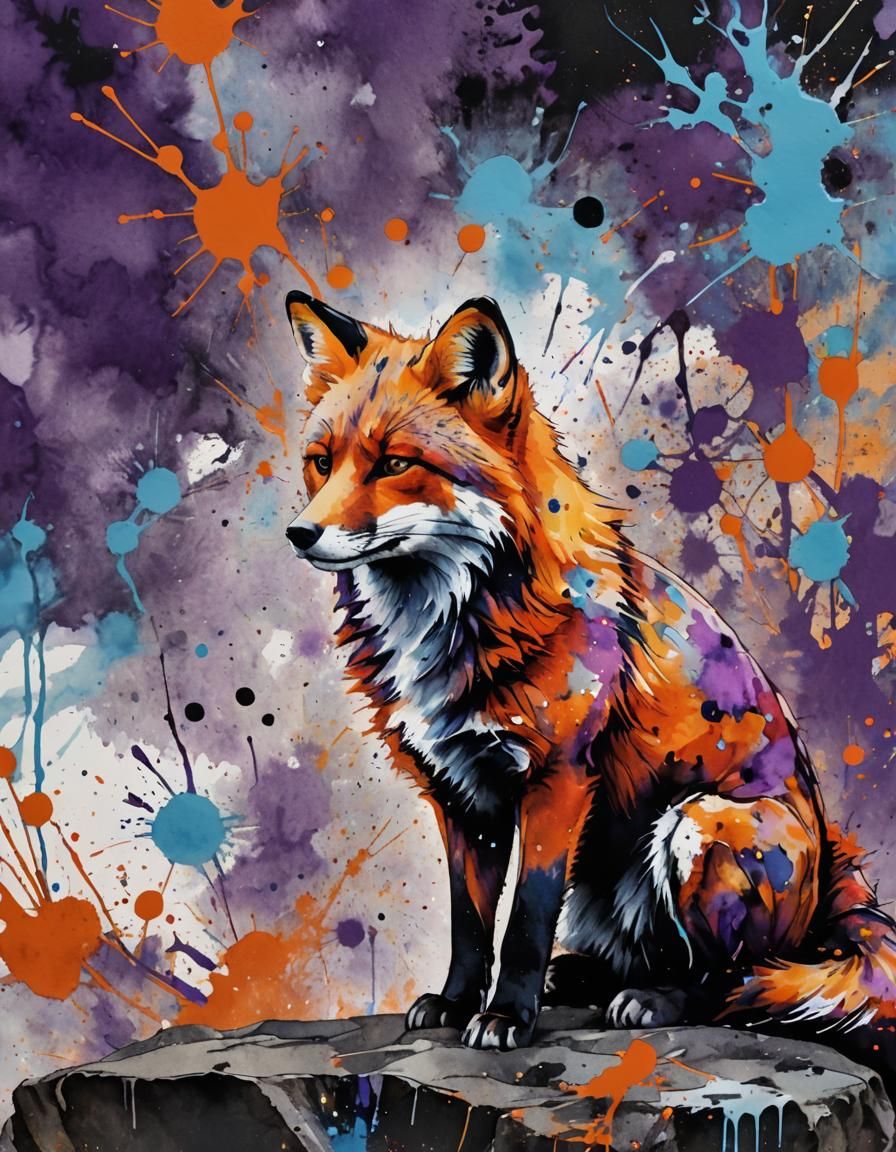 Majestic Fox Ink Splatter Art in Abstract Expressionism