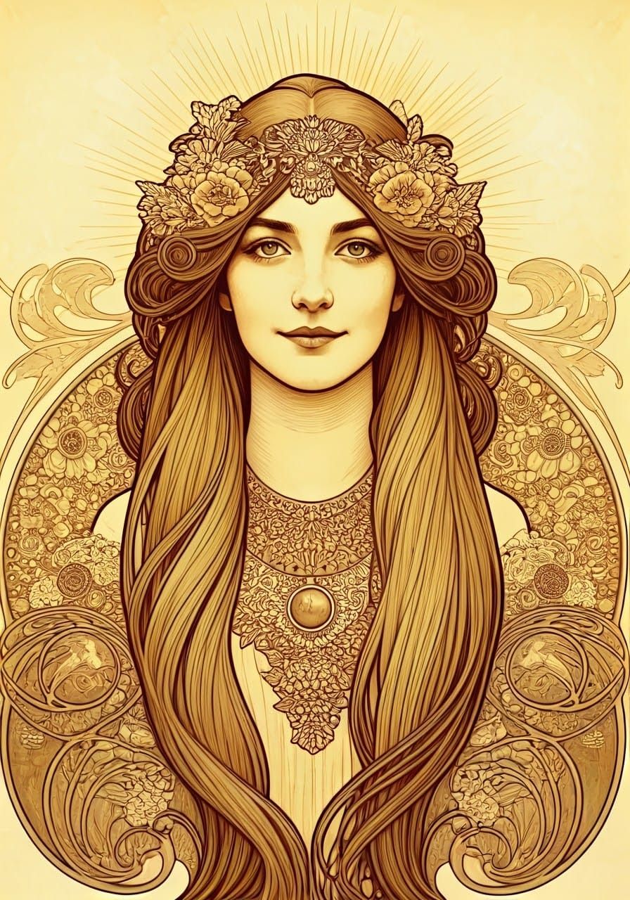 Ink drawing, Art Nouveau woman symbolizing Day