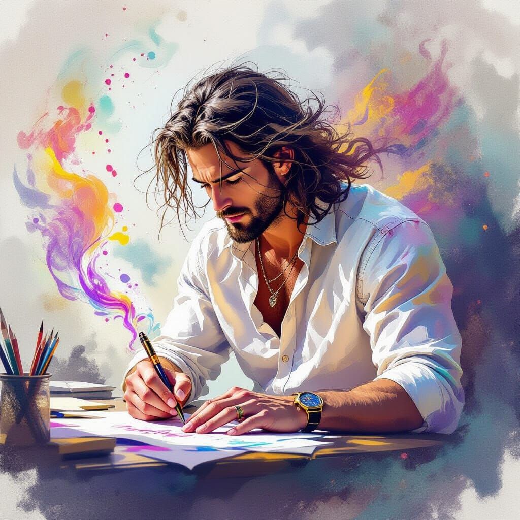 Writer with Vibrant Ink in Watercolour Blur