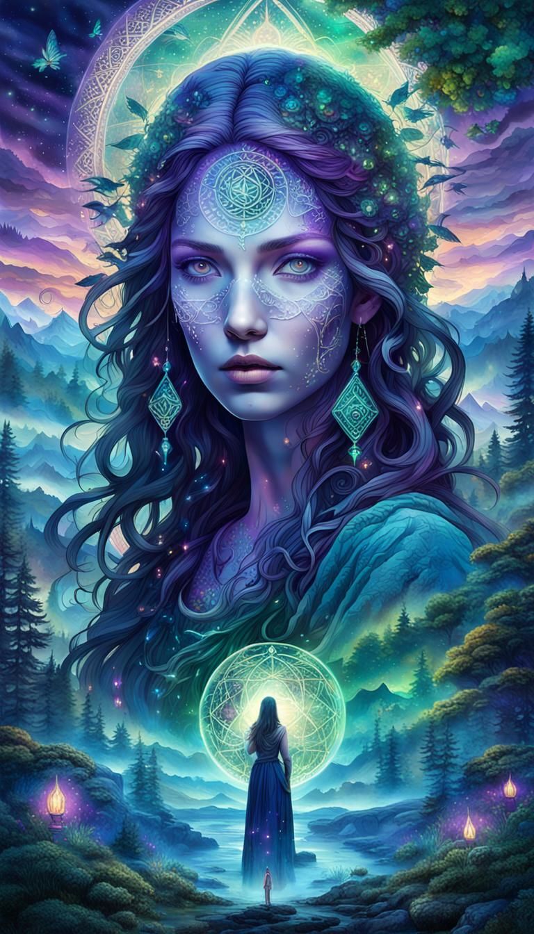 Mythical Woman in Kaleidoscopic Dreamscape, Street Art Style