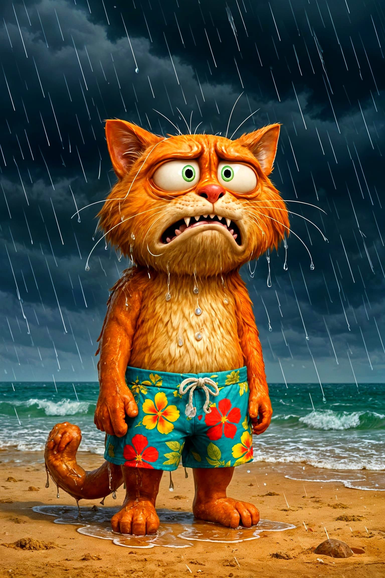 Soaked Cat's Beach Day Disaster in 3D Cartoon Style