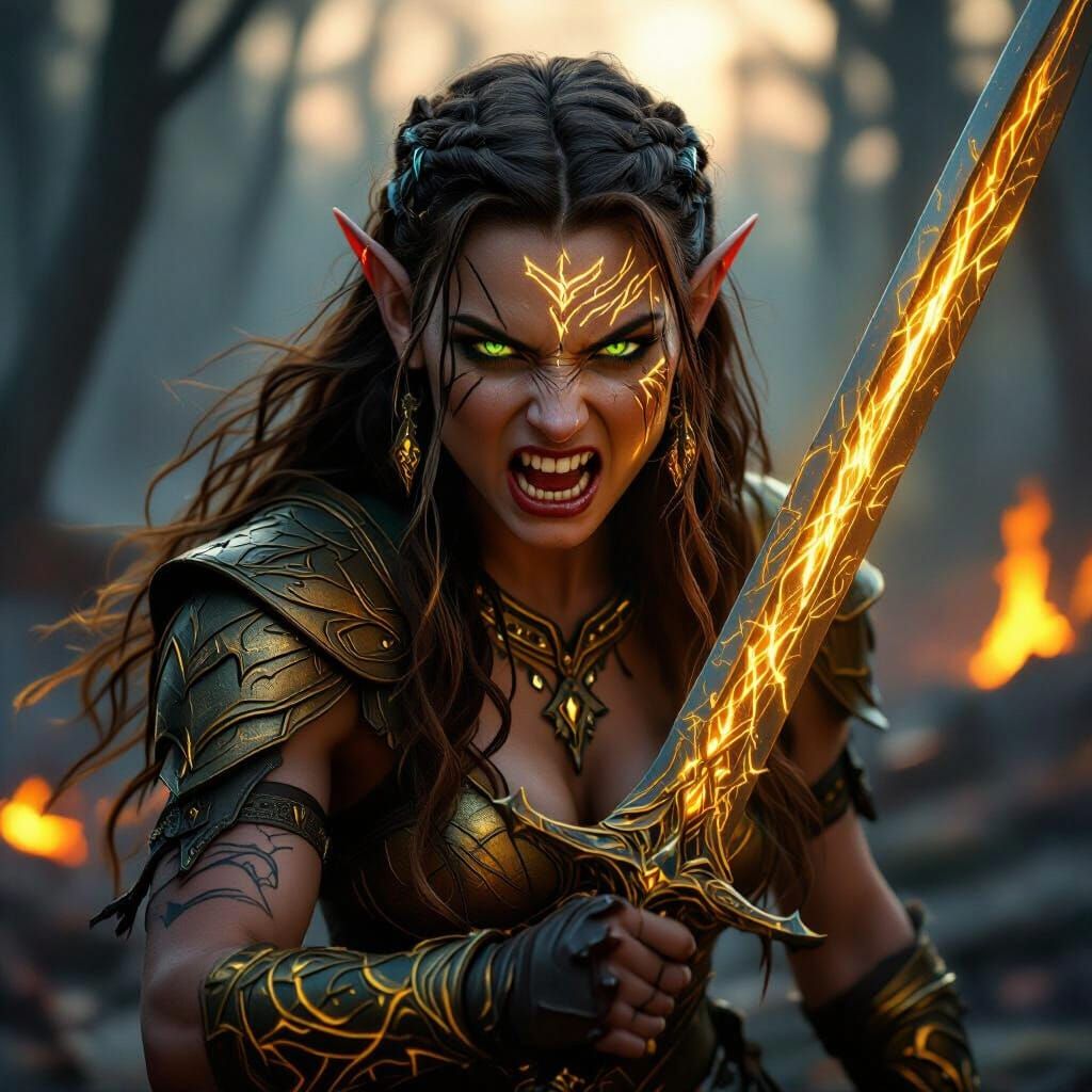 Furious Forest Elf Warrior in Fiery Twilight
