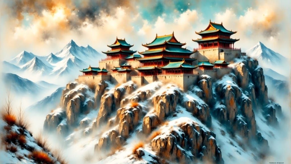 Majestic Chinese Temple on Snowy Mountain Peak