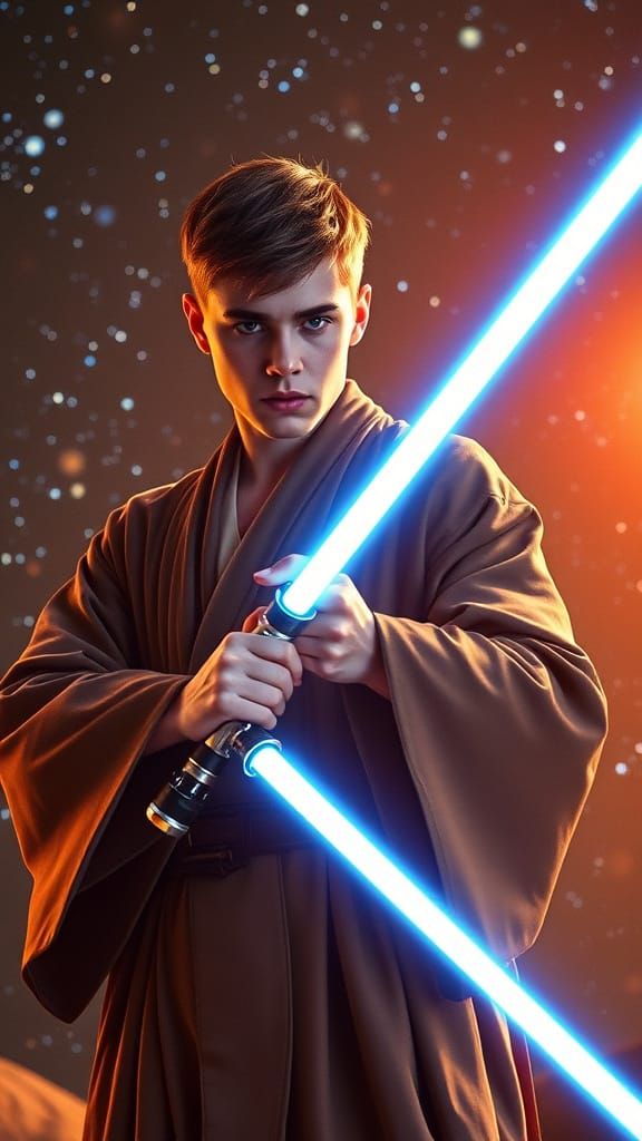 Sleek Jedi Justin Bieber Wields Blue Lightsaber Against Star...