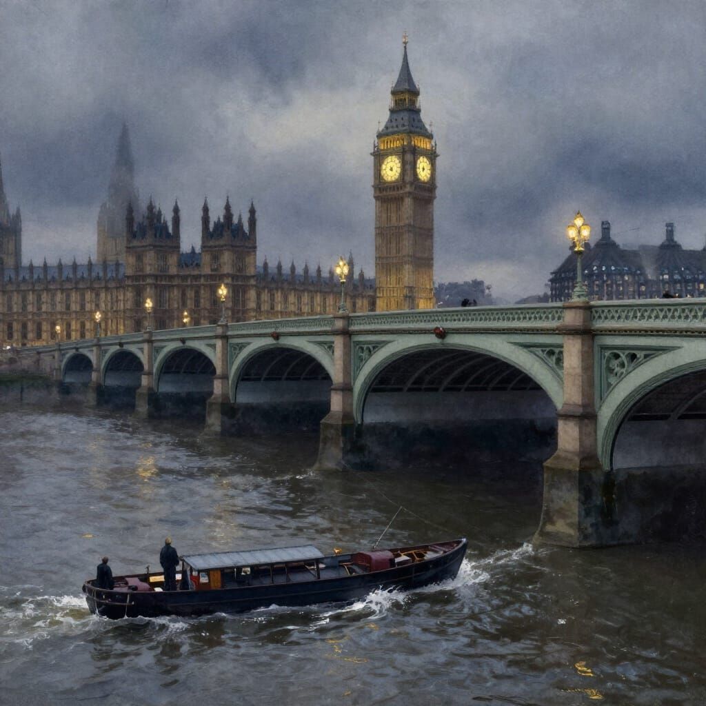 Melancholy London Bridge at Dusk in Watercolor Style